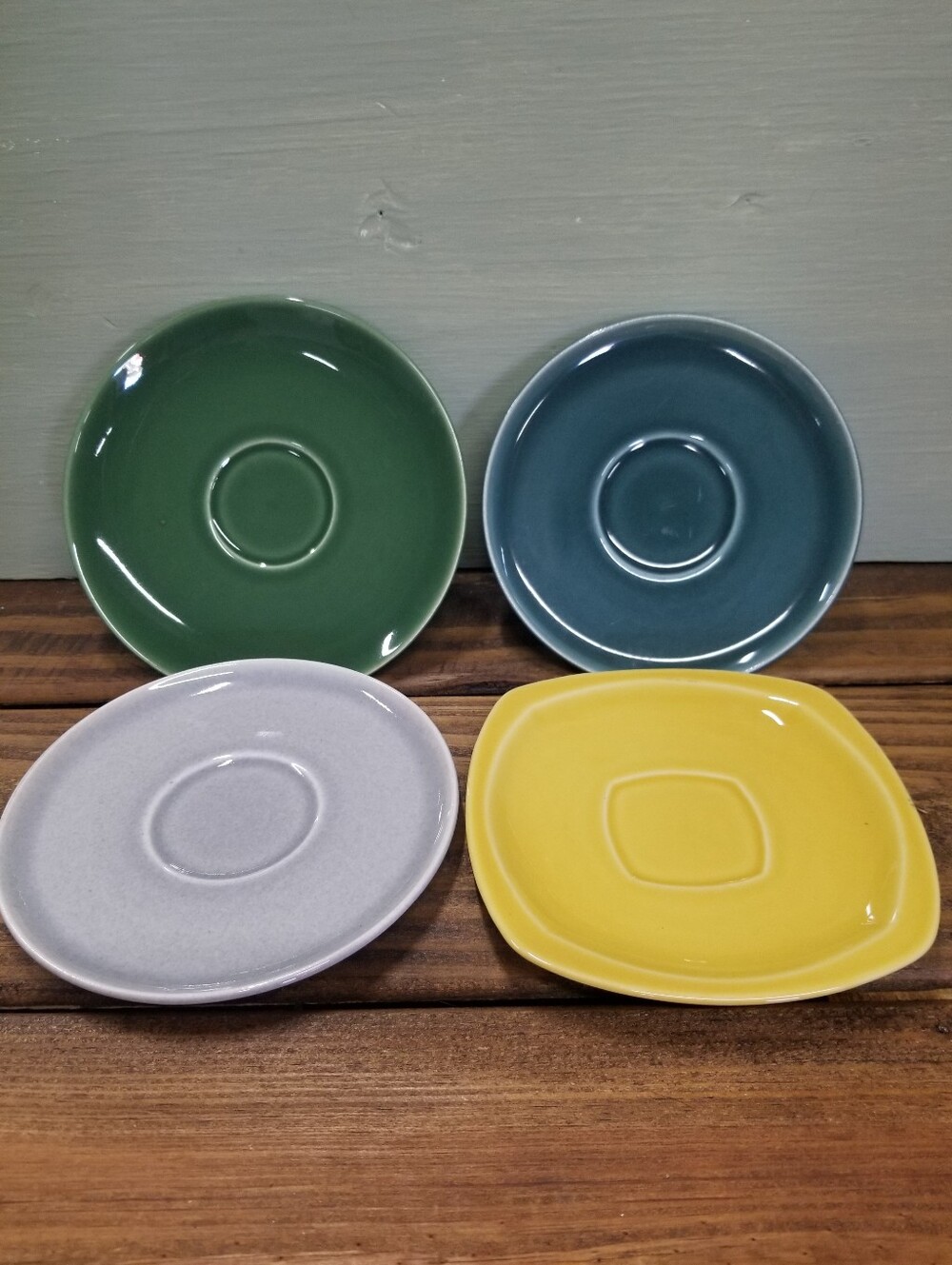Multicolor Ceramic Saucers Green, Teal, Gray, Yellow Cottagecore Vintage